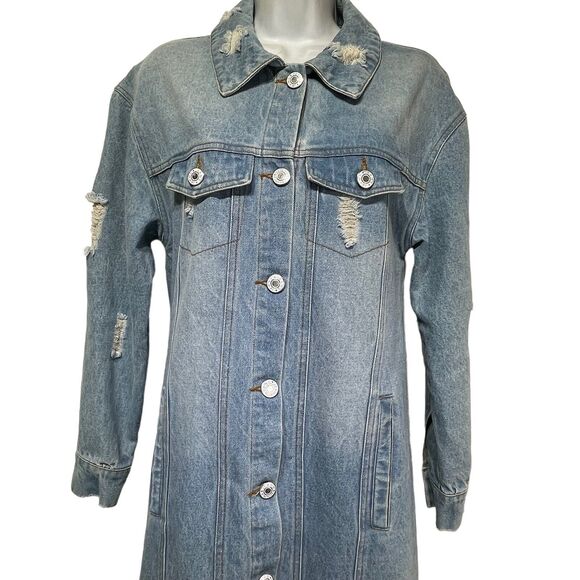 modest barbie distressed long denim trench coat  jacket dress size S - Picture 3 of 11